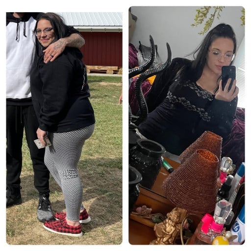 A progress pic of a 5'2" woman showing a fat loss from 230 pounds to 155 pounds. A total loss of 75 pounds.