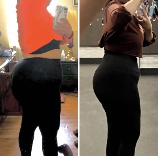 A progress pic of a 5'5" woman showing a fat loss from 237 pounds to 185 pounds. A total loss of 52 pounds.