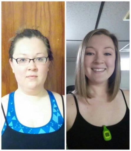 A picture of a 5'5" female showing a weight loss from 233 pounds to 173 pounds. A total loss of 60 pounds.