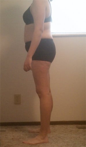 A before and after photo of a 5'7" female showing a snapshot of 165 pounds at a height of 5'7