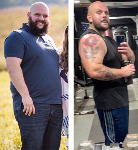 A picture of a 5'11" male showing a weight loss from 335 pounds to 279 pounds. A total loss of 56 pounds.