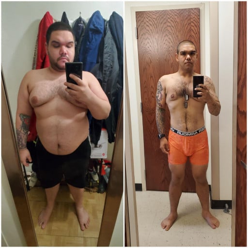 A photo of a 5'8" man showing a weight cut from 289 pounds to 189 pounds. A respectable loss of 100 pounds.