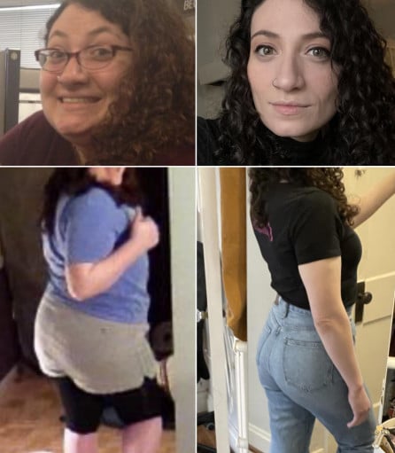 A progress pic of a 5'7" woman showing a fat loss from 240 pounds to 149 pounds. A net loss of 91 pounds.