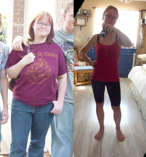 A before and after photo of a 5'3" female showing a weight reduction from 200 pounds to 115 pounds. A respectable loss of 85 pounds.