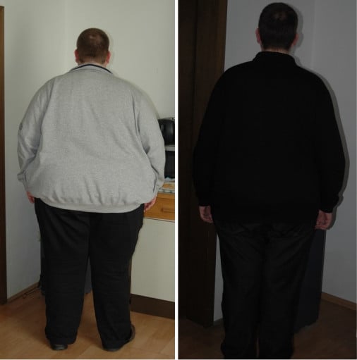 A before and after photo of a 5'11" male showing a fat loss from 442 pounds to 292 pounds. A respectable loss of 150 pounds.