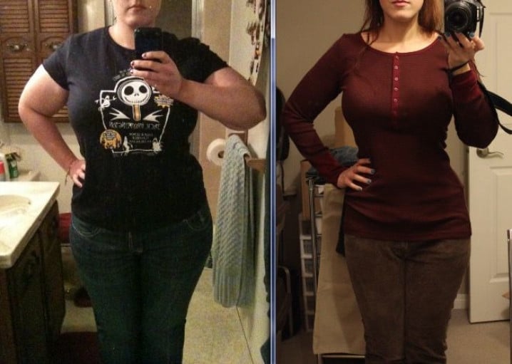 A progress pic of a 5'8" woman showing a fat loss from 252 pounds to 160 pounds. A net loss of 92 pounds.
