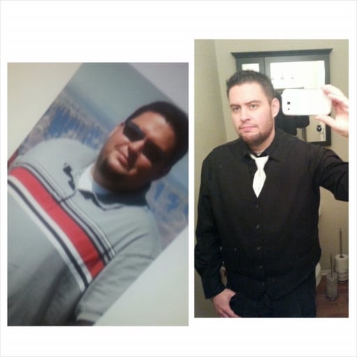 A progress pic of a 6'1" man showing a fat loss from 360 pounds to 225 pounds. A respectable loss of 135 pounds.