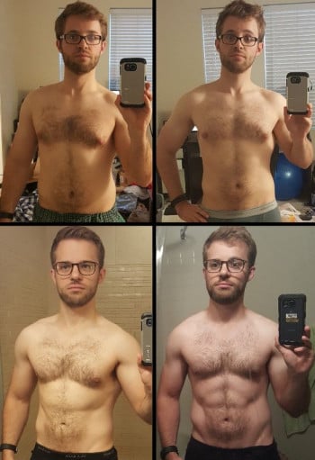 A progress pic of a 5'7" man showing a fat loss from 172 pounds to 154 pounds. A respectable loss of 18 pounds.