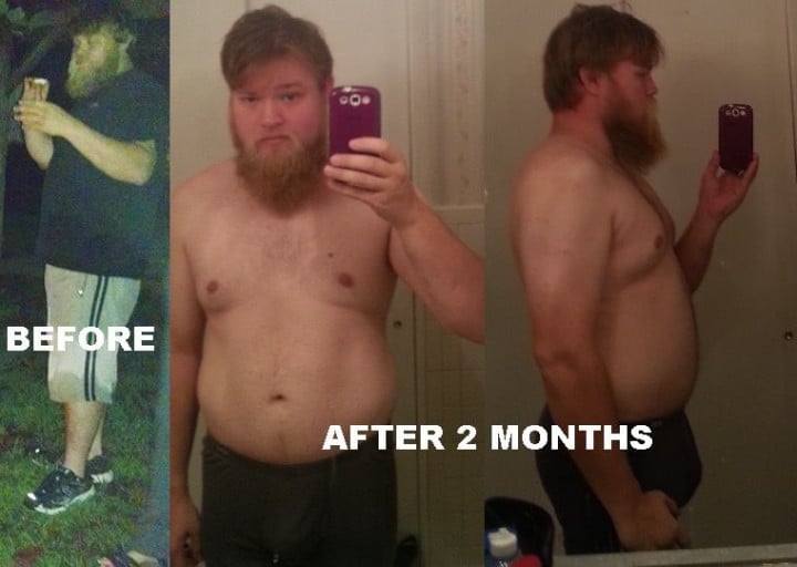 A before and after photo of a 5'9" male showing a weight loss from 230 pounds to 165 pounds. A respectable loss of 65 pounds.