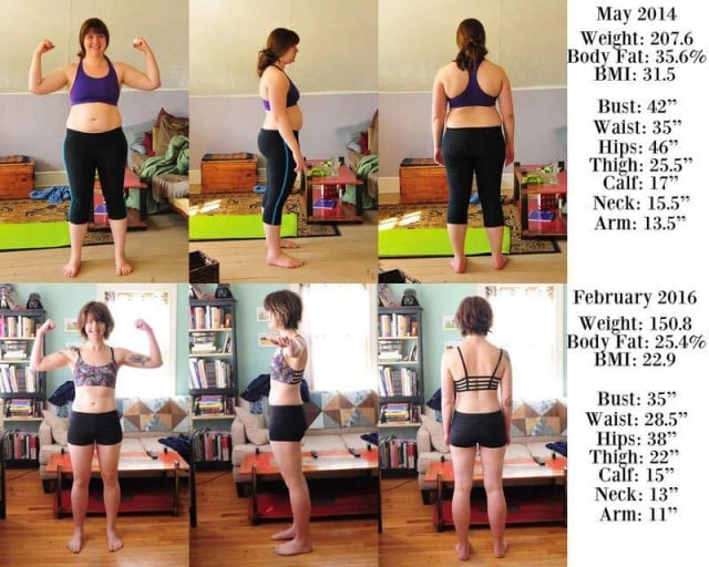 A before and after photo of a 5'8" female showing a weight reduction from 207 pounds to 150 pounds. A net loss of 57 pounds.