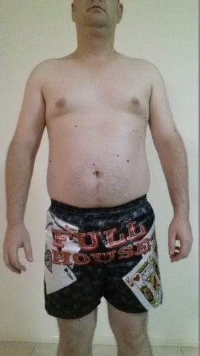 A before and after photo of a 6'0" male showing a snapshot of 226 pounds at a height of 6'0