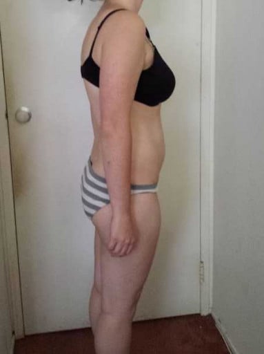 A before and after photo of a 5'5" female showing a snapshot of 144 pounds at a height of 5'5
