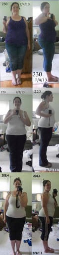 A picture of a 5'6" female showing a weight loss from 230 pounds to 208 pounds. A respectable loss of 22 pounds.