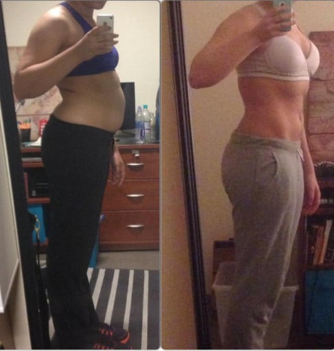 A before and after photo of a 5'10" female showing a weight cut from 207 pounds to 187 pounds. A total loss of 20 pounds.