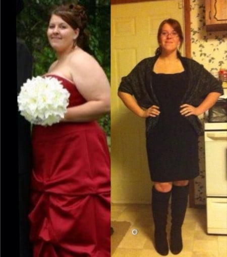 A before and after photo of a 5'4" female showing a weight reduction from 240 pounds to 160 pounds. A net loss of 80 pounds.