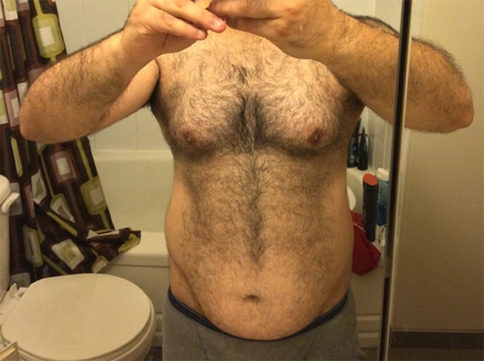 A photo of a 5'6" man showing a fat loss from 180 pounds to 140 pounds. A net loss of 40 pounds.