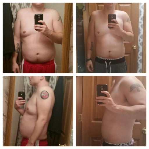 A before and after photo of a 5'8" male showing a weight reduction from 215 pounds to 195 pounds. A total loss of 20 pounds.