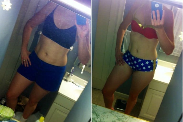 A progress pic of a 5'9" woman showing a weight reduction from 180 pounds to 150 pounds. A respectable loss of 30 pounds.