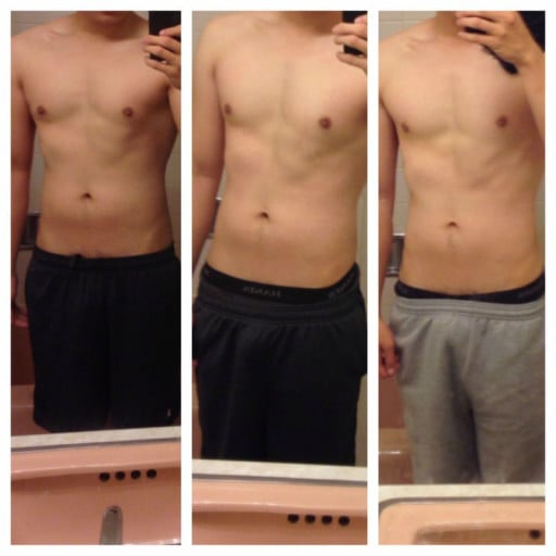 A progress pic of a 5'7" man showing a fat loss from 150 pounds to 140 pounds. A respectable loss of 10 pounds.
