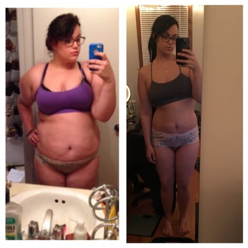 A picture of a 5'8" female showing a weight loss from 250 pounds to 169 pounds. A net loss of 81 pounds.