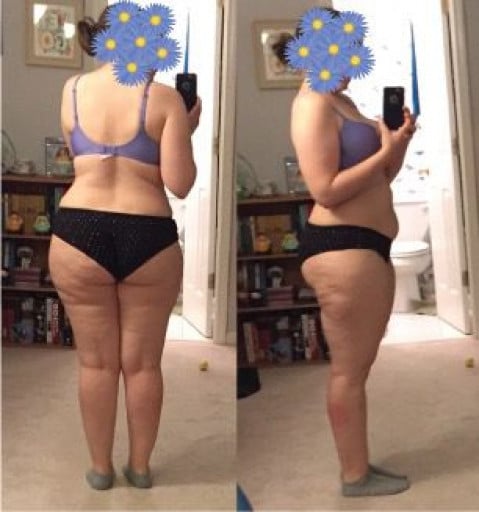 A before and after photo of a 5'5" female showing a weight cut from 205 pounds to 159 pounds. A total loss of 46 pounds.