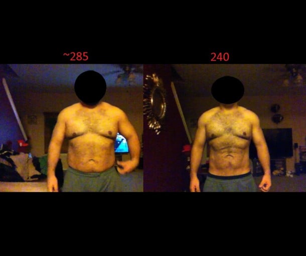 A photo of a 5'10" man showing a weight cut from 295 pounds to 240 pounds. A total loss of 55 pounds.