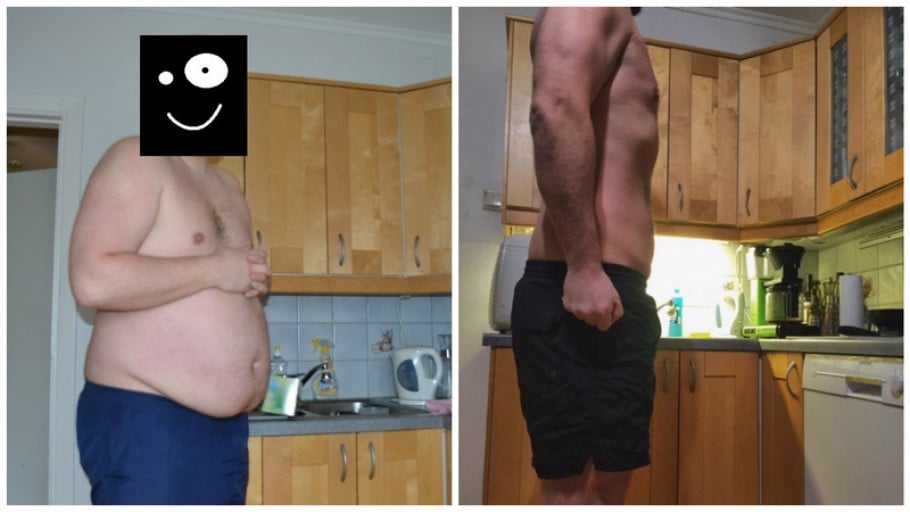A photo of a 6'1" man showing a weight cut from 290 pounds to 217 pounds. A total loss of 73 pounds.