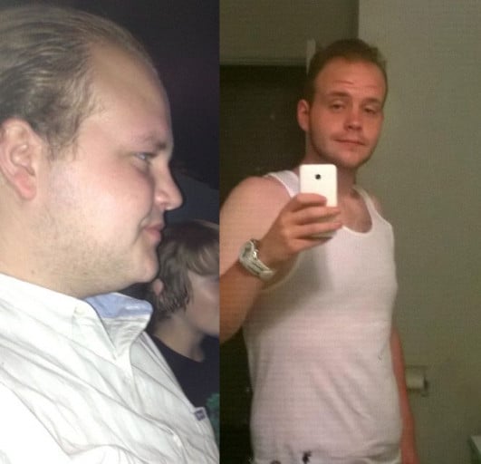 A progress pic of a 5'10" man showing a fat loss from 260 pounds to 180 pounds. A total loss of 80 pounds.