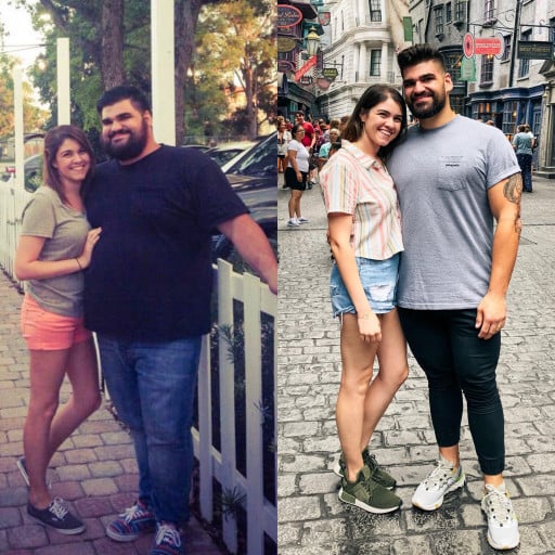 A before and after photo of a 6'0" male showing a weight reduction from 425 pounds to 265 pounds. A respectable loss of 160 pounds.