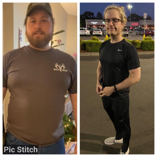 A progress pic of a 5'10" man showing a muscle gain from 162 pounds to 235 pounds. A net gain of 73 pounds.