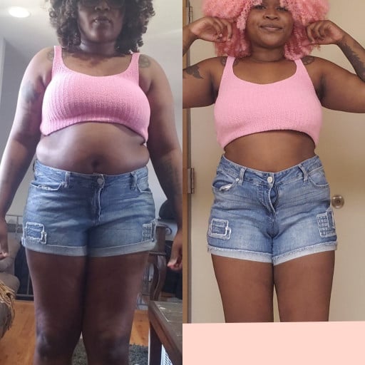 A photo of a 5'6" woman showing a weight gain from 193 pounds to 210 pounds. A total gain of 17 pounds.
