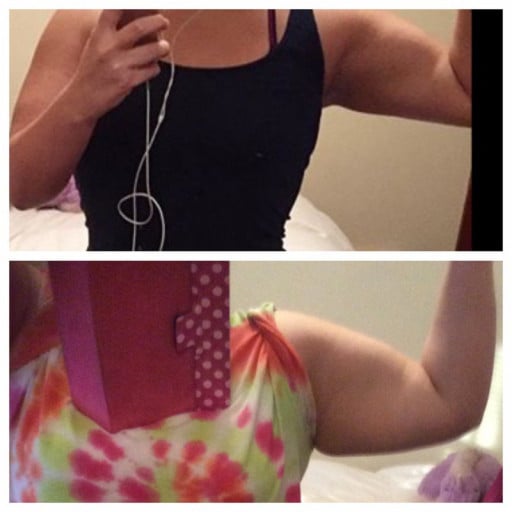 A before and after photo of a 5'6" female showing a fat loss from 250 pounds to 171 pounds. A total loss of 79 pounds.