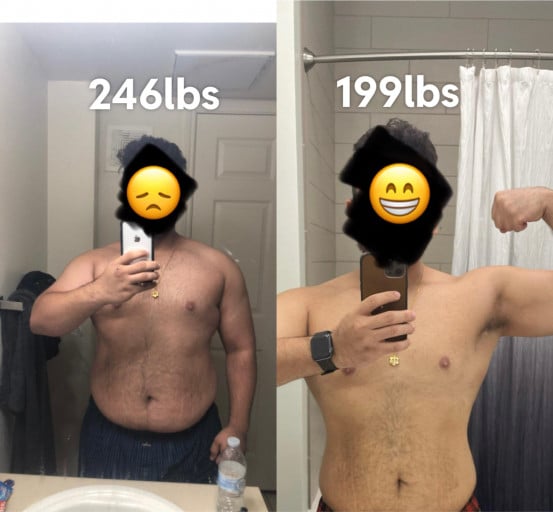 Before and After 47 lbs Fat Loss 5 feet 7 Male 246 lbs to 199 lbs