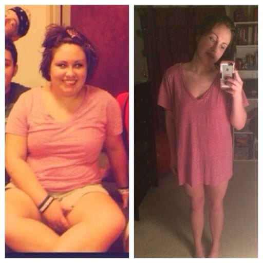 A picture of a 5'3" female showing a weight loss from 205 pounds to 138 pounds. A respectable loss of 67 pounds.