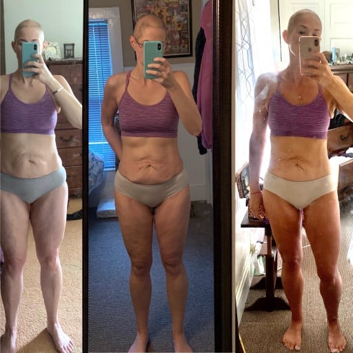 A progress pic of a 5'5" woman showing a fat loss from 146 pounds to 130 pounds. A respectable loss of 16 pounds.