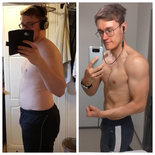 A progress pic of a 6'2" man showing a fat loss from 247 pounds to 185 pounds. A net loss of 62 pounds.