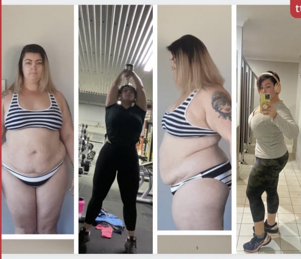 A progress pic of a 5'2" woman showing a fat loss from 260 pounds to 178 pounds. A net loss of 82 pounds.