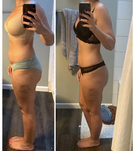 A progress pic of a 5'6" woman showing a weight bulk from 149 pounds to 152 pounds. A respectable gain of 3 pounds.
