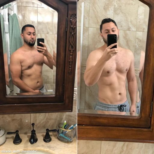 A picture of a 5'8" male showing a weight loss from 195 pounds to 165 pounds. A net loss of 30 pounds.