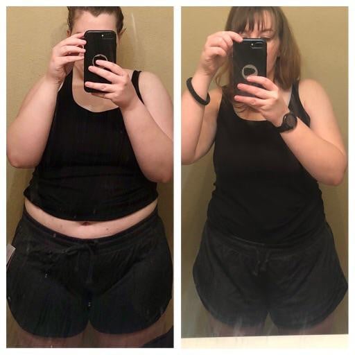 A progress pic of a 5'5" woman showing a fat loss from 220 pounds to 180 pounds. A total loss of 40 pounds.