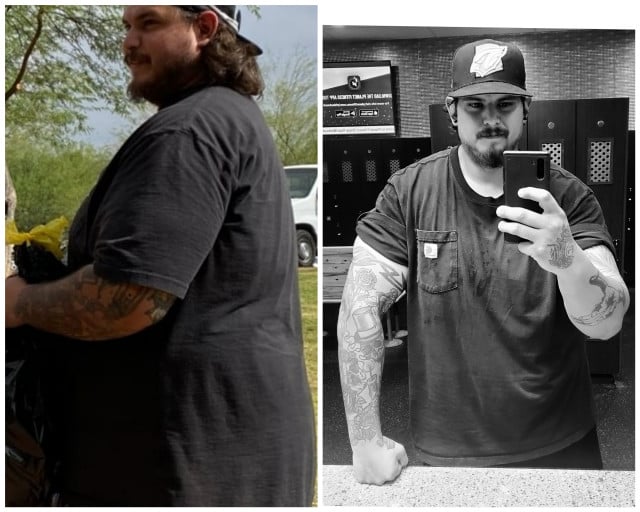 A before and after photo of a 6'2" male showing a weight reduction from 351 pounds to 276 pounds. A total loss of 75 pounds.