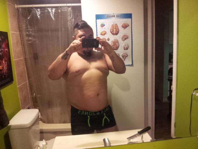 A progress pic of a 5'7" man showing a weight reduction from 230 pounds to 160 pounds. A net loss of 70 pounds.