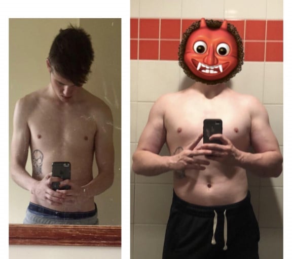 A progress pic of a 6'1" man showing a weight gain from 149 pounds to 202 pounds. A net gain of 53 pounds.