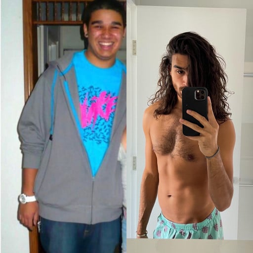 A picture of a 6'0" male showing a weight loss from 215 pounds to 157 pounds. A respectable loss of 58 pounds.