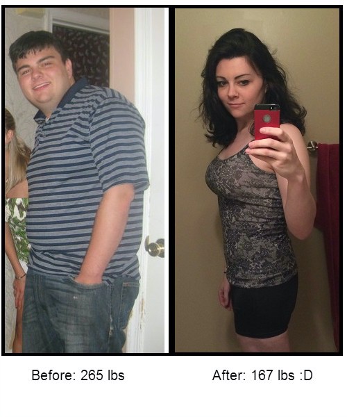 5'9 Female goes from 265lbs to 167lbs - (175cm, 120kg to 76kg) .