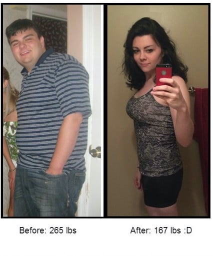 A photo of a 5'9" woman showing a weight cut from 265 pounds to 167 pounds. A net loss of 98 pounds.