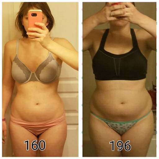 A picture of a 5'5" female showing a weight reduction from 196 pounds to 160 pounds. A respectable loss of 36 pounds.