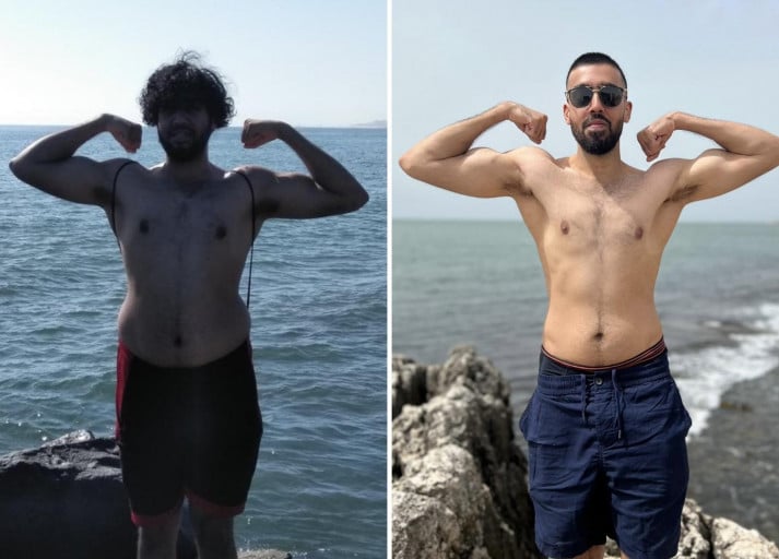 A before and after photo of a 5'10" male showing a weight reduction from 205 pounds to 148 pounds. A total loss of 57 pounds.