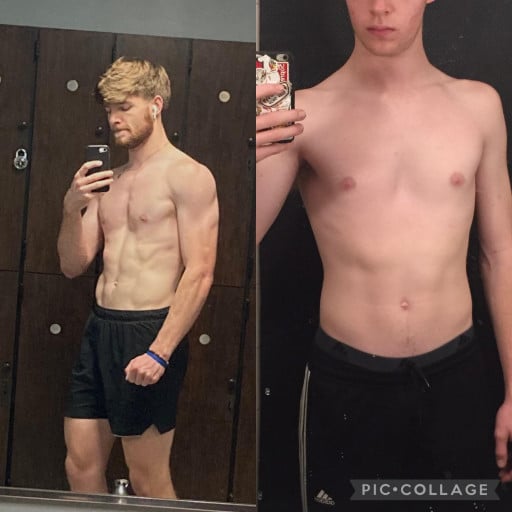 A progress pic of a 6'1" man showing a muscle gain from 155 pounds to 190 pounds. A net gain of 35 pounds.