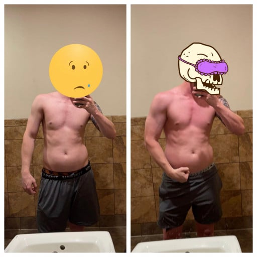 A progress pic of a 6'2" man showing a weight bulk from 170 pounds to 187 pounds. A respectable gain of 17 pounds.